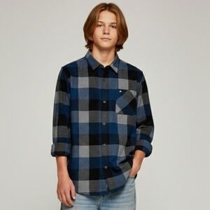 Quiksilver Boys's XL Plaid Flannel Long Sleeve Shirt Blue Black Grey Button‎ Up